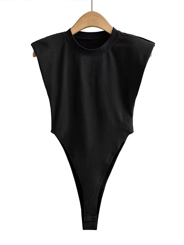 Hauts Sexy femmes été une pièce moulante Body rembourré épaule Body noir sans manches corps costumes