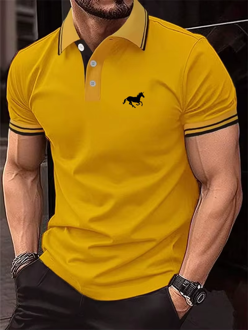 Polo à manches courtes pour hommes, à rayures simples, avec image de cheval, mode d'été, imprimé en 