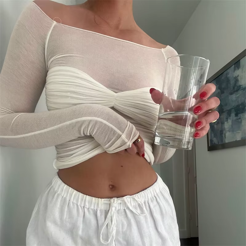 TARUXY-T-Shirt à Manches sulfen Dentelle Blanche pour Femme, Tricot Transparent, Été