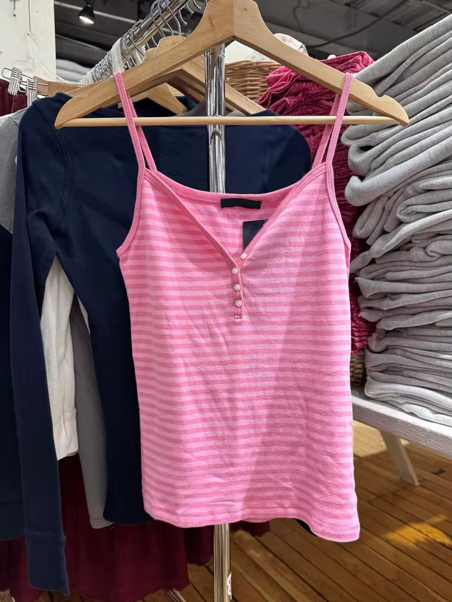 Débardeur rose rayé à quatre boutons pour femme, col en V, en coton, coupe ajustée, style décontract