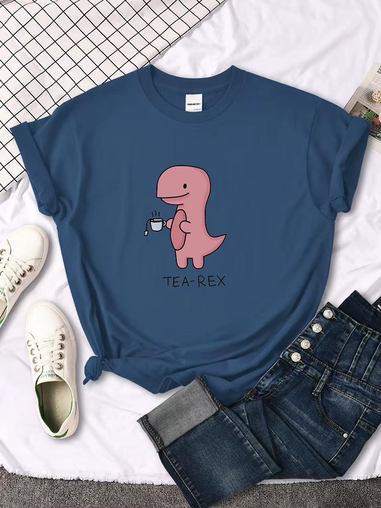 T-shirt imprimé Tea-Rex rose mignon pour femme, col rond, chemise surdimensionnée adt, Harajuku, tou