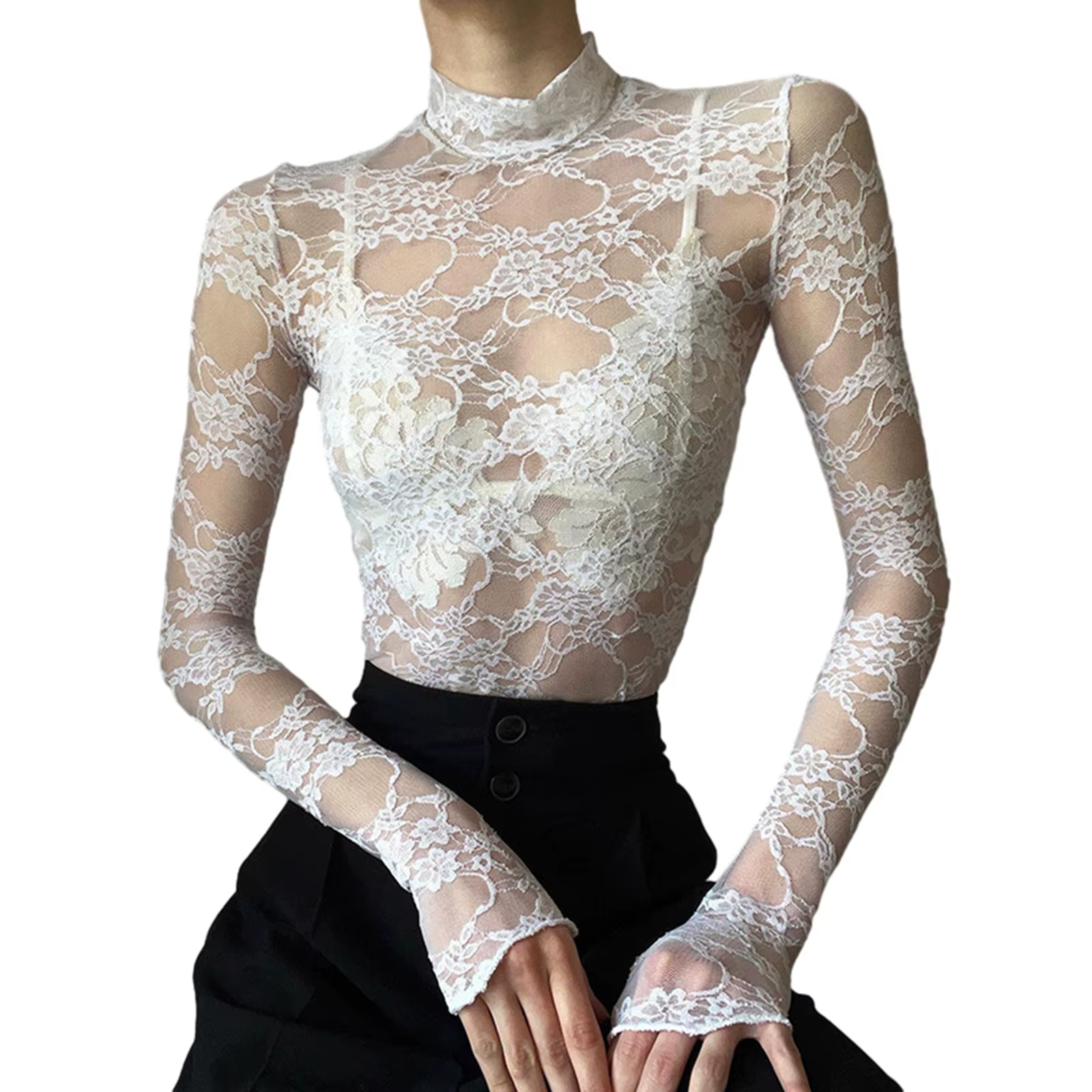 T-shirt à manches longues en dentelle florale pour femmes, col montant, Slim, Sexy, rétro, transpare