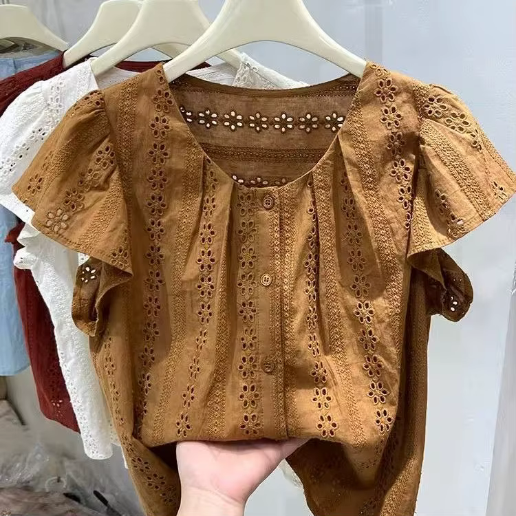 T-shirt français à manches volantes pour femmes, petit haut de poupée à la mode coréenne, été 2025