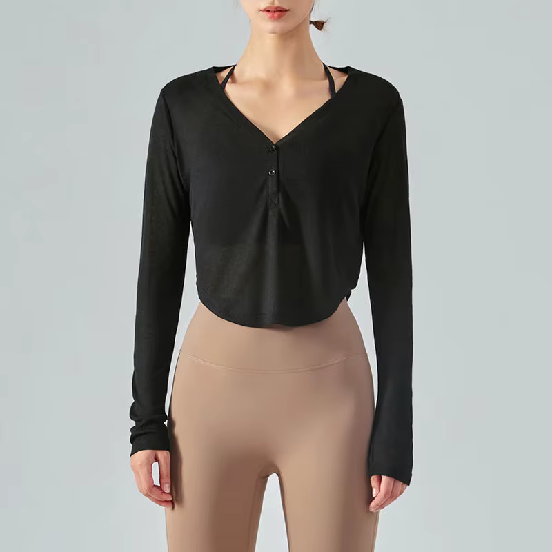 T-shirt à manches longues et col en v pour femme, vêtement Simple et Simple, résistant au soleil