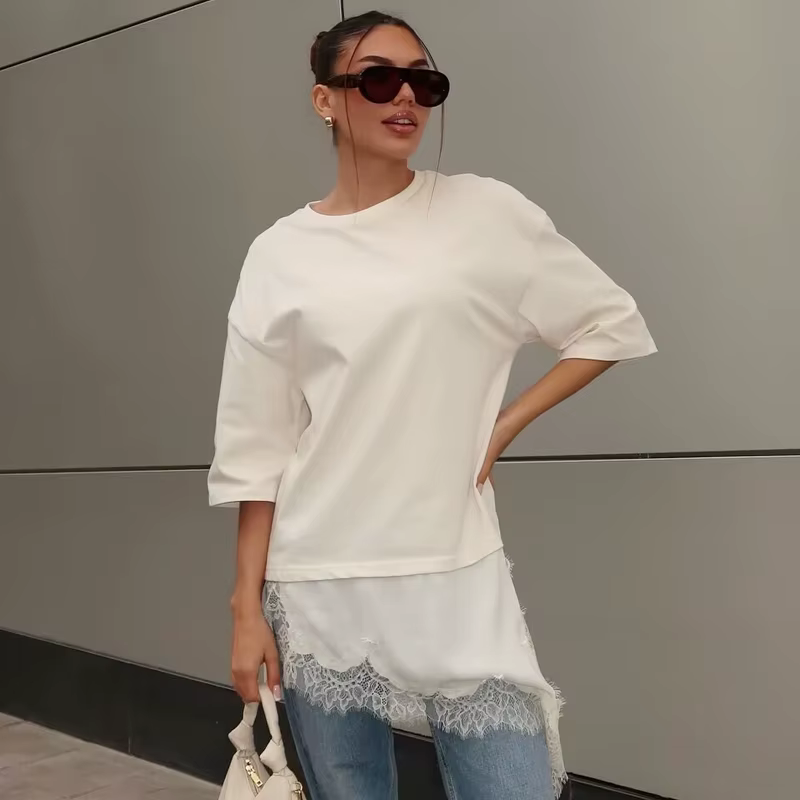T-shirt en dentelle oversize HXAO pour femme, collection Printemps-Été 2026, style Y2K, blanc cassé,