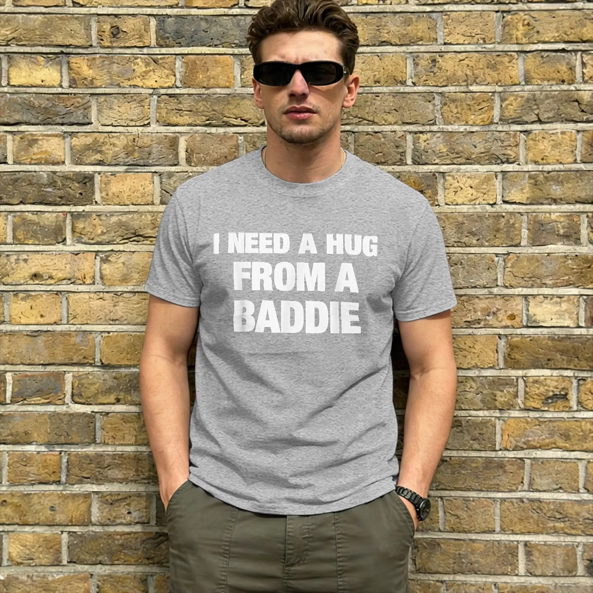 T-shirts pour hommes, I Need A Hug from A Baddie Humor, t-shirt en coton à manches courtes, col rond