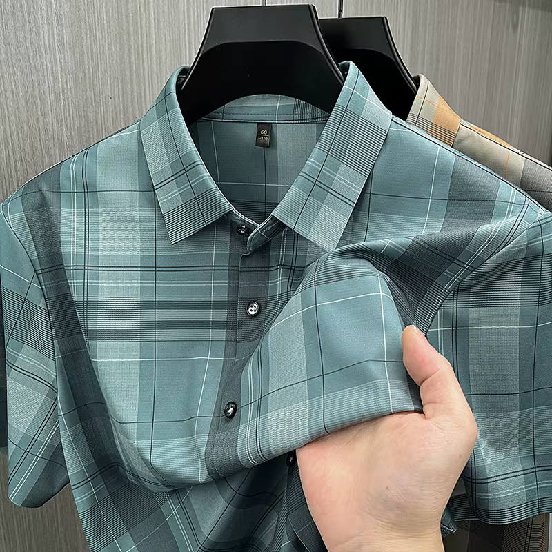 Chemise en lin pour homme, nouvelle mode, chemise à carreaux à manches courtes, chemise en lin à col