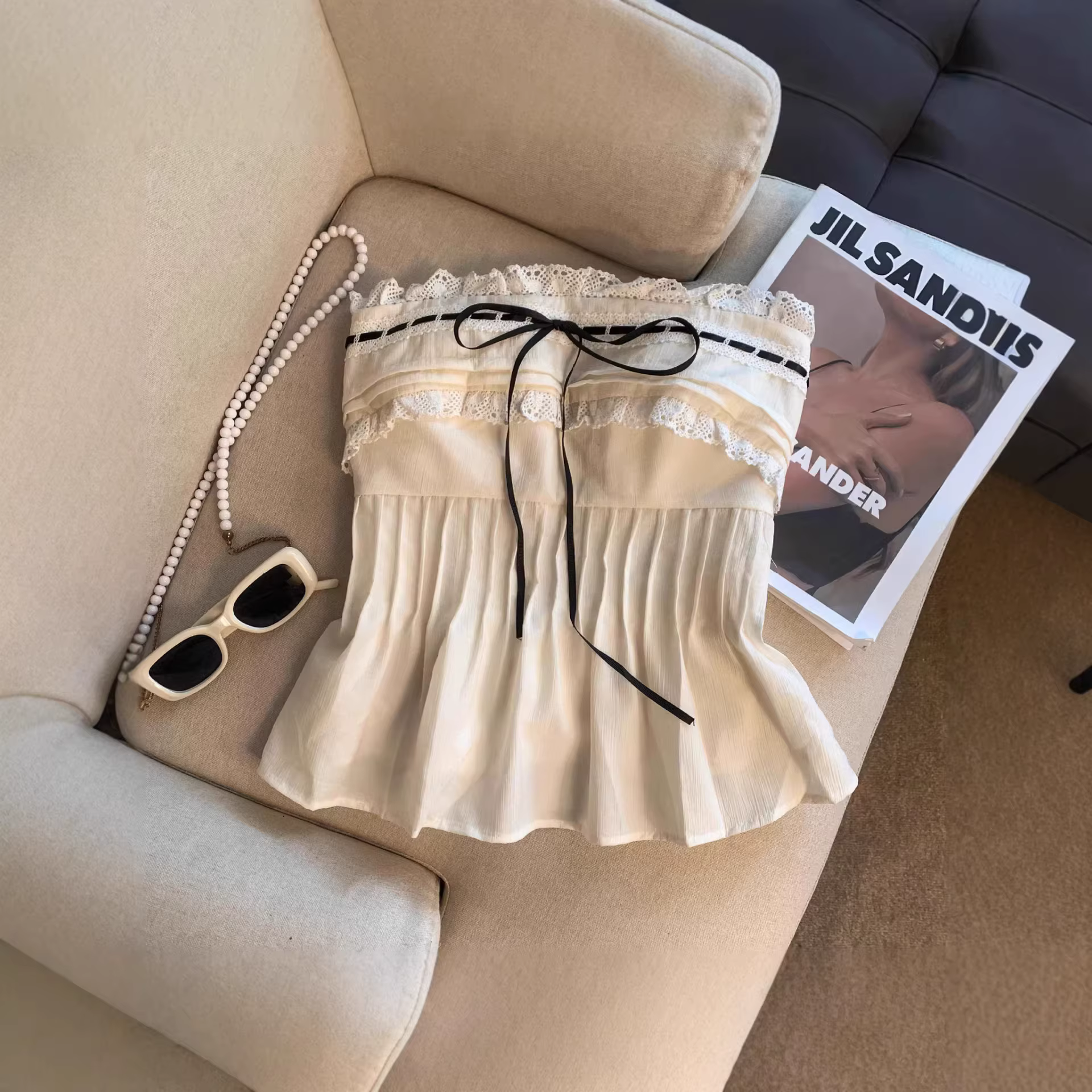 Haut court mignon à nœud papillon pour femme, confortable, dos nu, avec empiècement en dentelle fran