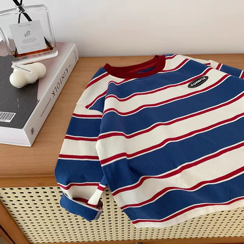 T-shirt à manches longues pour enfants, nouveau modèle rétro rayé en coton, haut décontracté printem
