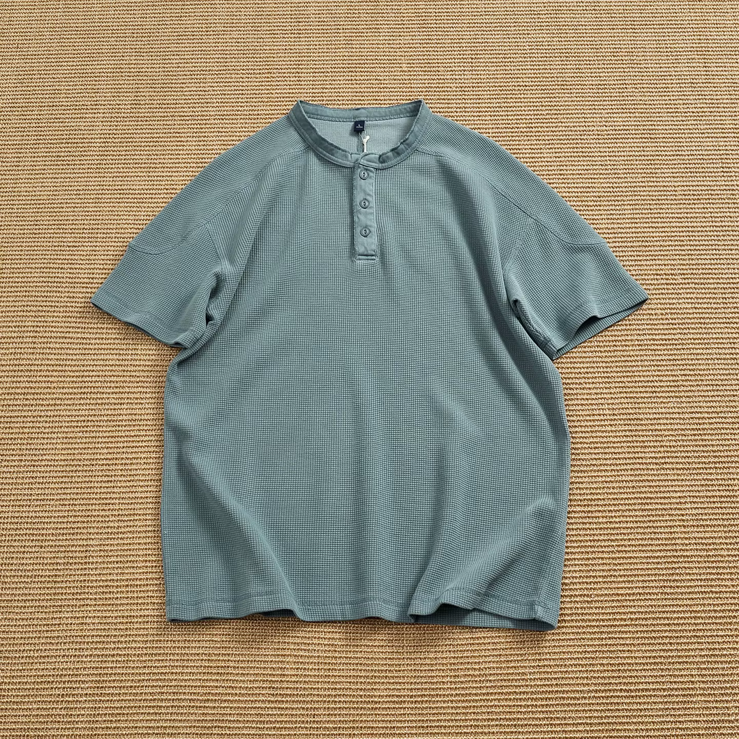 T-shirt Henley épais pour homme, délavé et vieilli, à manches raglan, style demi-cardigan, respirant