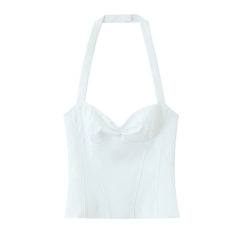 Haut pour femme, nouveau style été 2026, couleur unie, décor à pois, col halter, haut sexy, style va