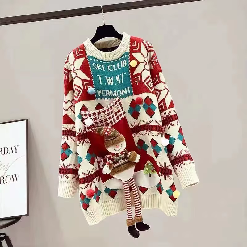 Pull de noël pour femmes, haut ample et épais, rouge, mi-long, japonais, nouvelle collection automne