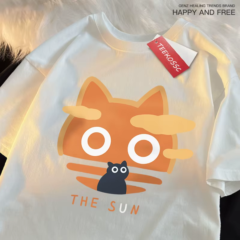 Le soleil Orange chat amusant Style japonais homme coton col rond T-Shirt été ample surdimensionné v