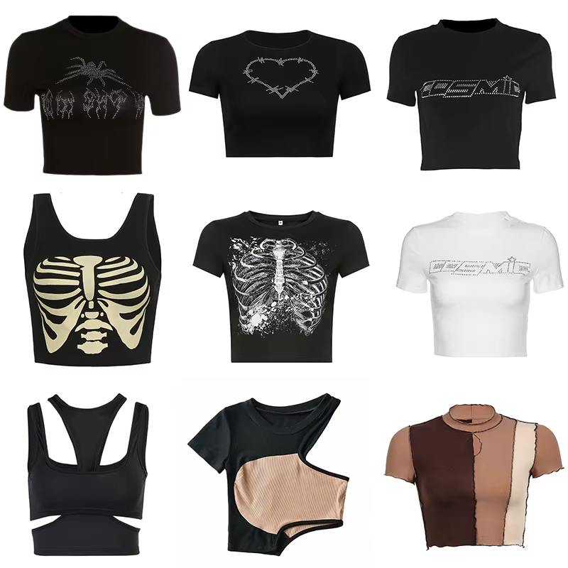 Y2k-T-shirt à Manches Courtes et Col Rond pour Femme, Vêtement d'Été Sexy, Punk, Vintage, Gothique,