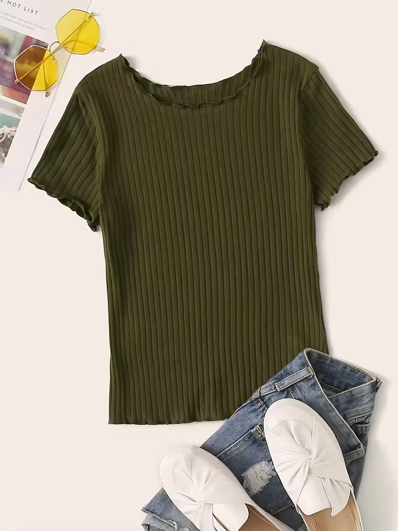 T-shirt côtelé bordeaux uni à manches courtes pour femme, col rond à bord ondulé, coupe ajustée, déc