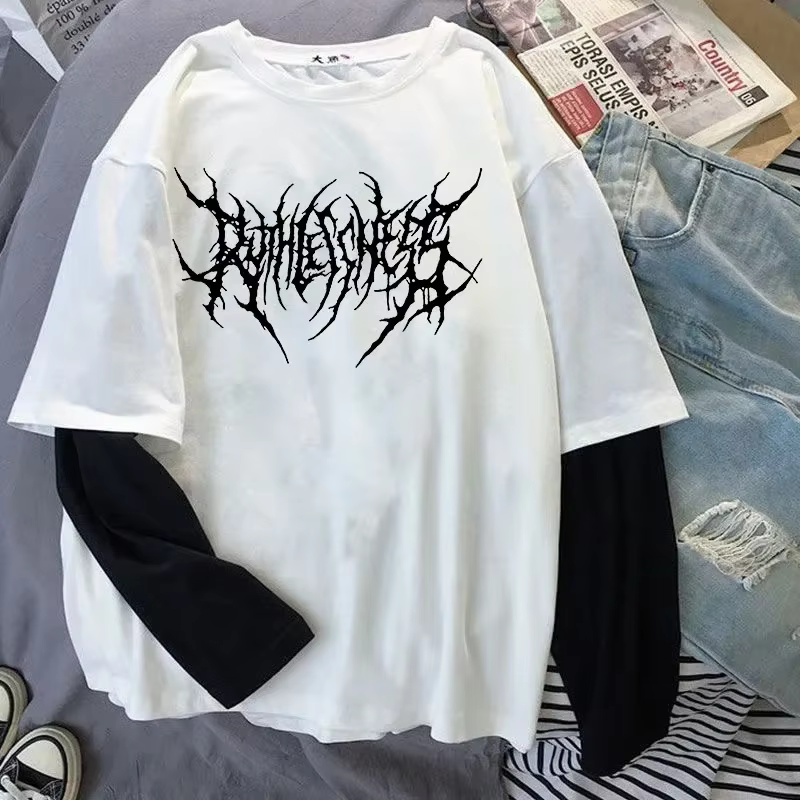 Mode Punk Style foncé imprimé col rond T-shirt Y2K Sport Harajuku mince femmes haut manches longues