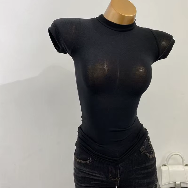 T-shirt à Manches Courtes et Col Mi-haut, Haut Transparent, Coupe Slim, artificiel astique, Couleur 