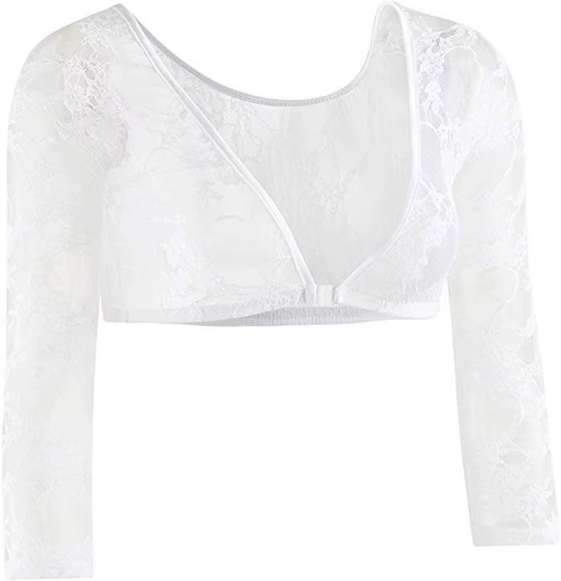 Haut court à manches trois-quarts en dentelle florale pour femmes, sous-chemisier transparent, hauss
