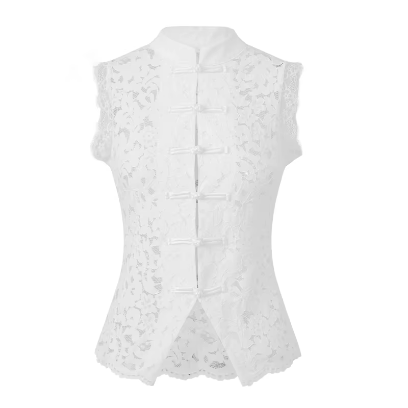 Débardeur Vintage Femme en Dentelle Florale à Col Mandarin, Court, Sexy, avec Découpes Frontales et 