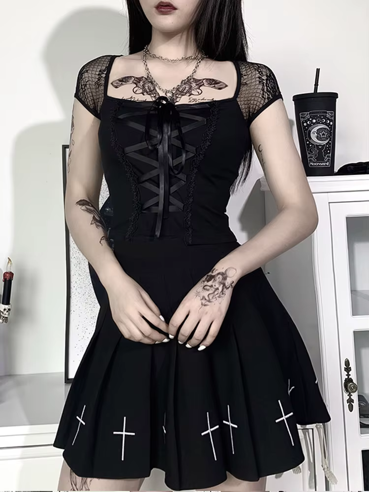 T-shirt gothique Vintage pour femmes, moulant, Bandage, dentelle, maille noire, Sexy, décontracté, g