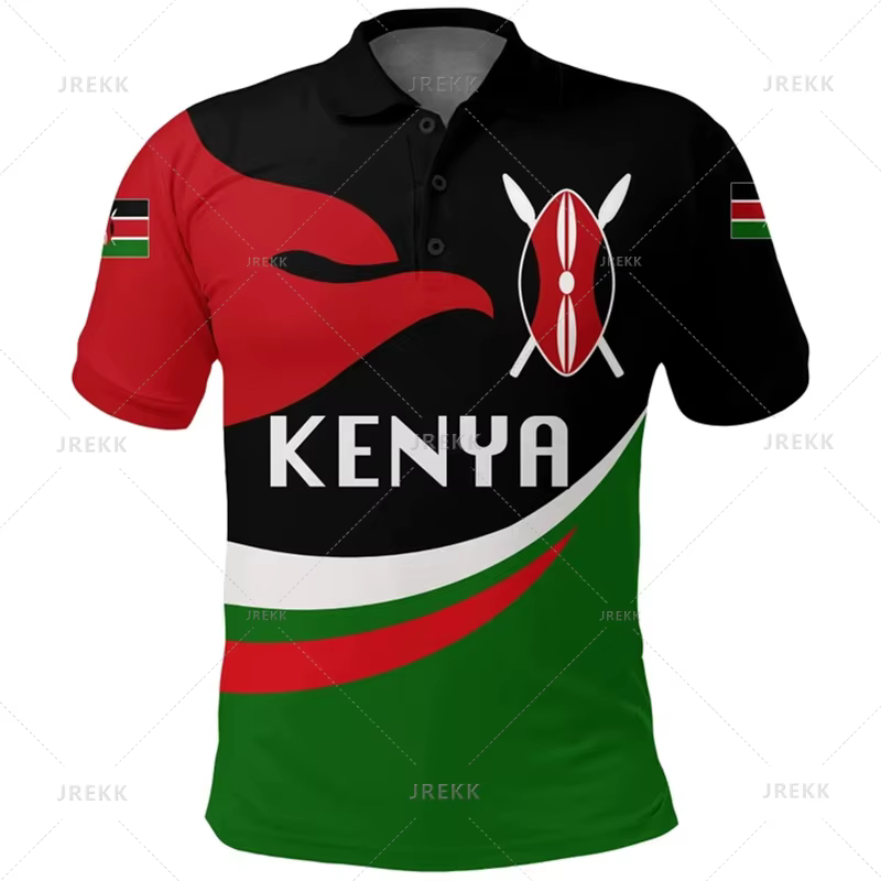 Polo imprimé 3D pour hommes, emblème tribal du Kenya, République du Kenya, sensation de carte graphi