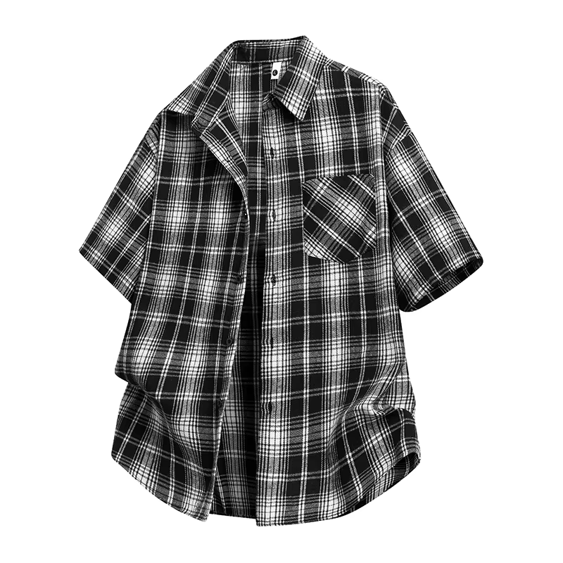 Chemises à manches courtes à carreaux noirs et blancs pour hommes, chemise boutonnée, mode coréenne