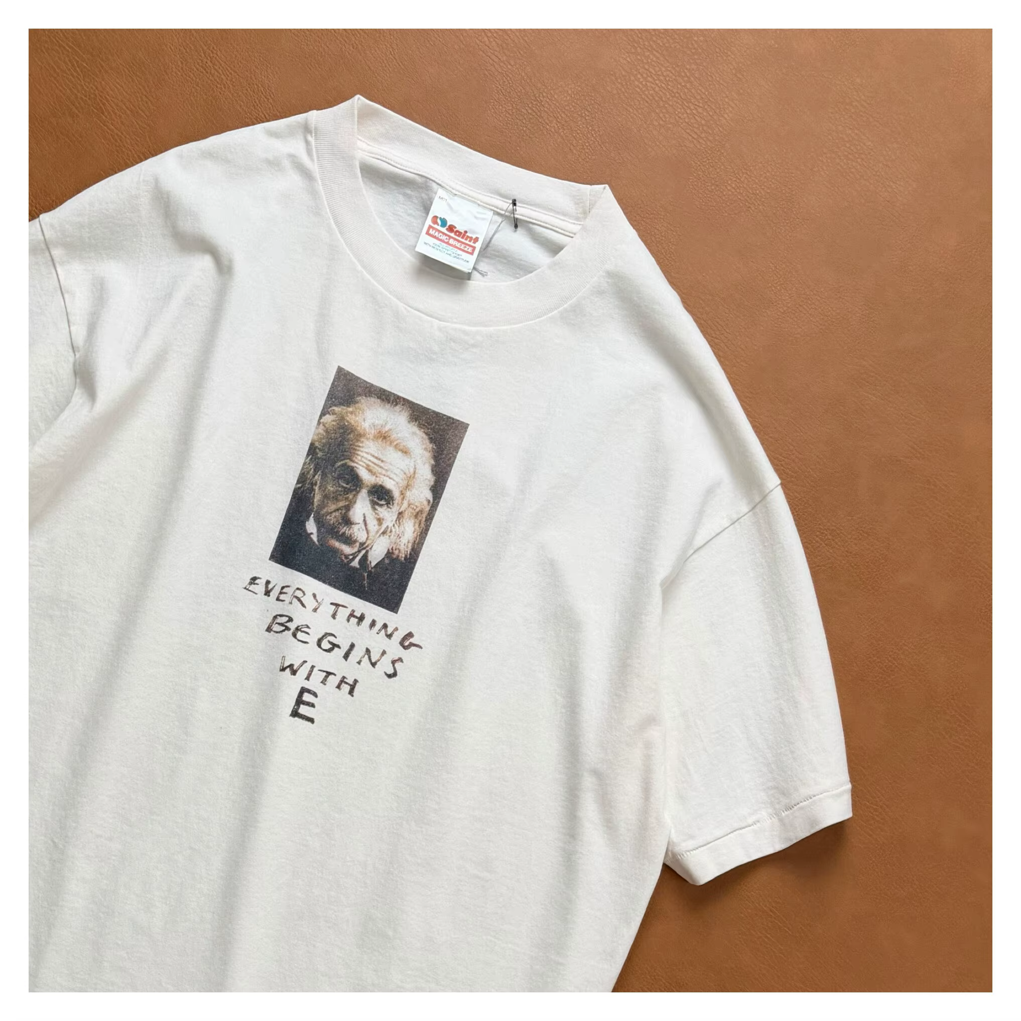 T-shirt imprimé Saint Mxxxxxx Einstein, style rétro américain, coupe ample, manches courtes tubulair