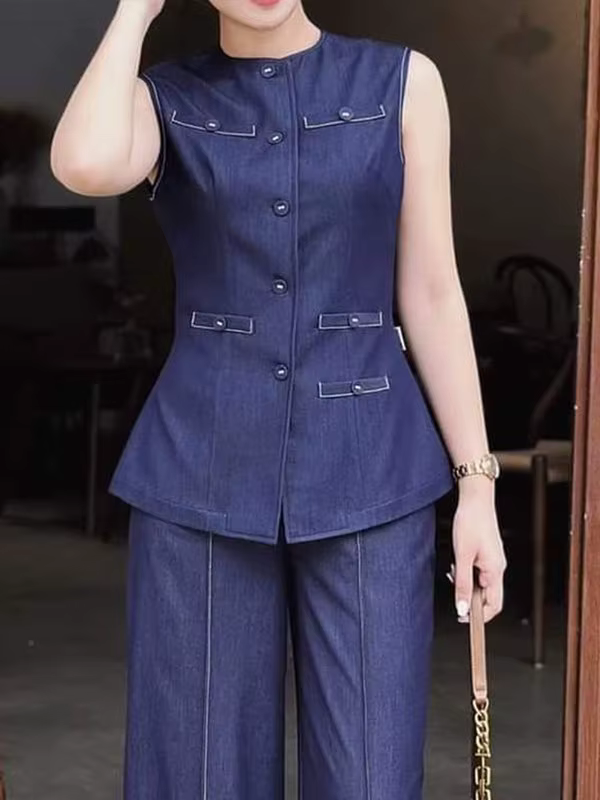 Krisstarsgirl 2025 nouveau chemisier en jean hauts pour femme été bleu élégant boutonné avec poches
