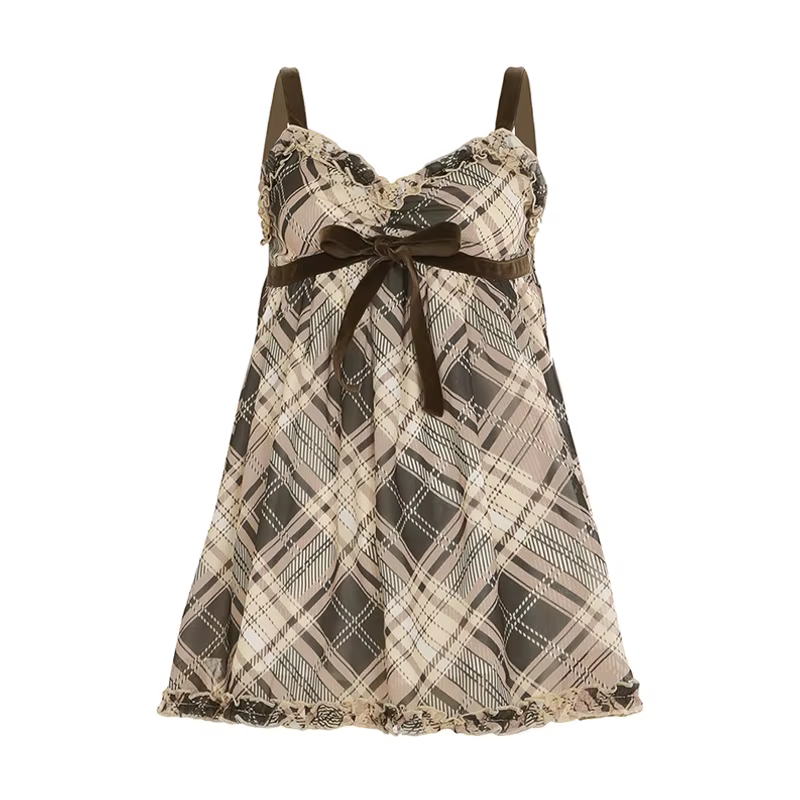PixieKiki Débardeurs à carreaux marron pour femmes Gyaru Japanese 2000s Y2k Summer Bow Frill V Neck