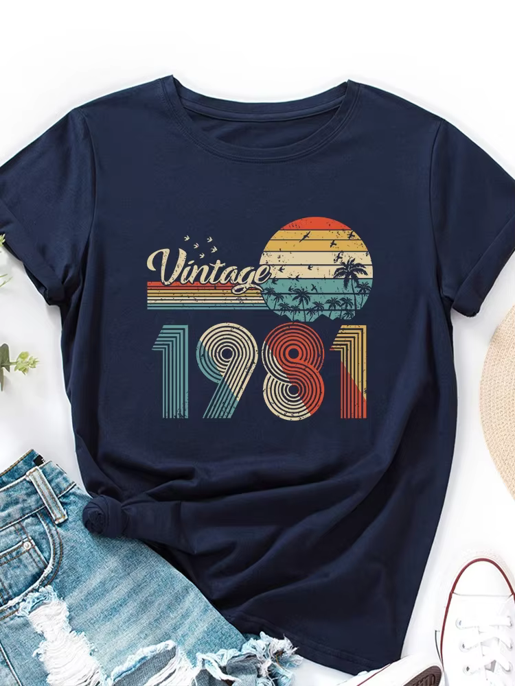 T-shirt manches courtes col rond femme, vintage, imprimé, 1981
