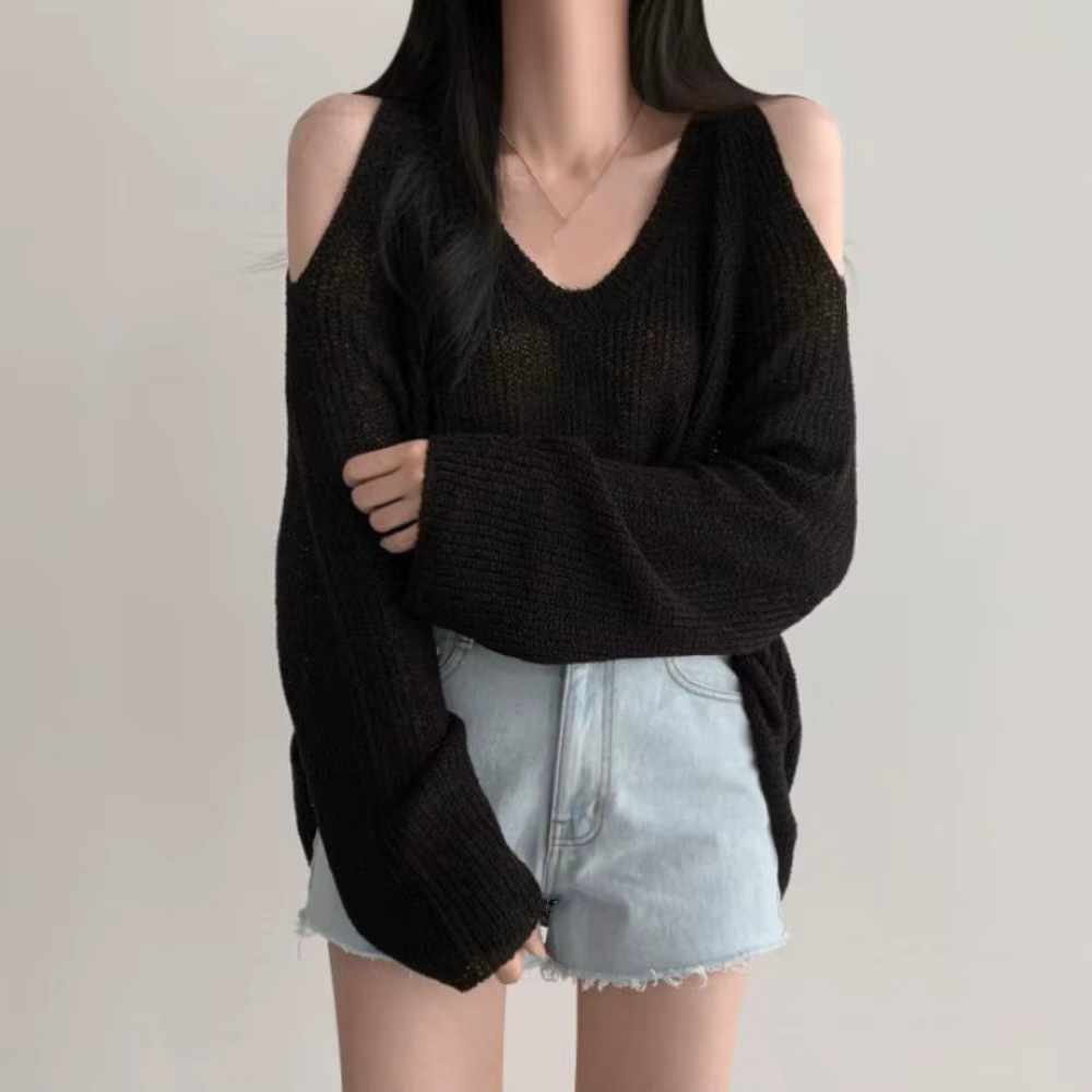 T-shirt long chic en maille ajourée à manches longues, pull en crochet, col en V, haut ample en tric