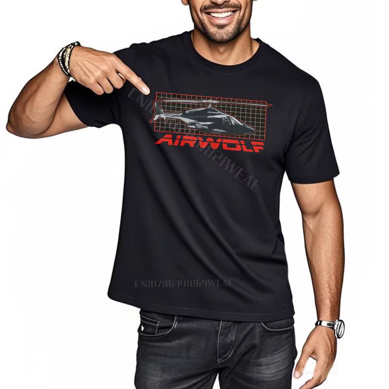 T-shirt hommes graphique coton t-shirt Airwolf Logo sur noir col rond mode t-shirt classique à manch
