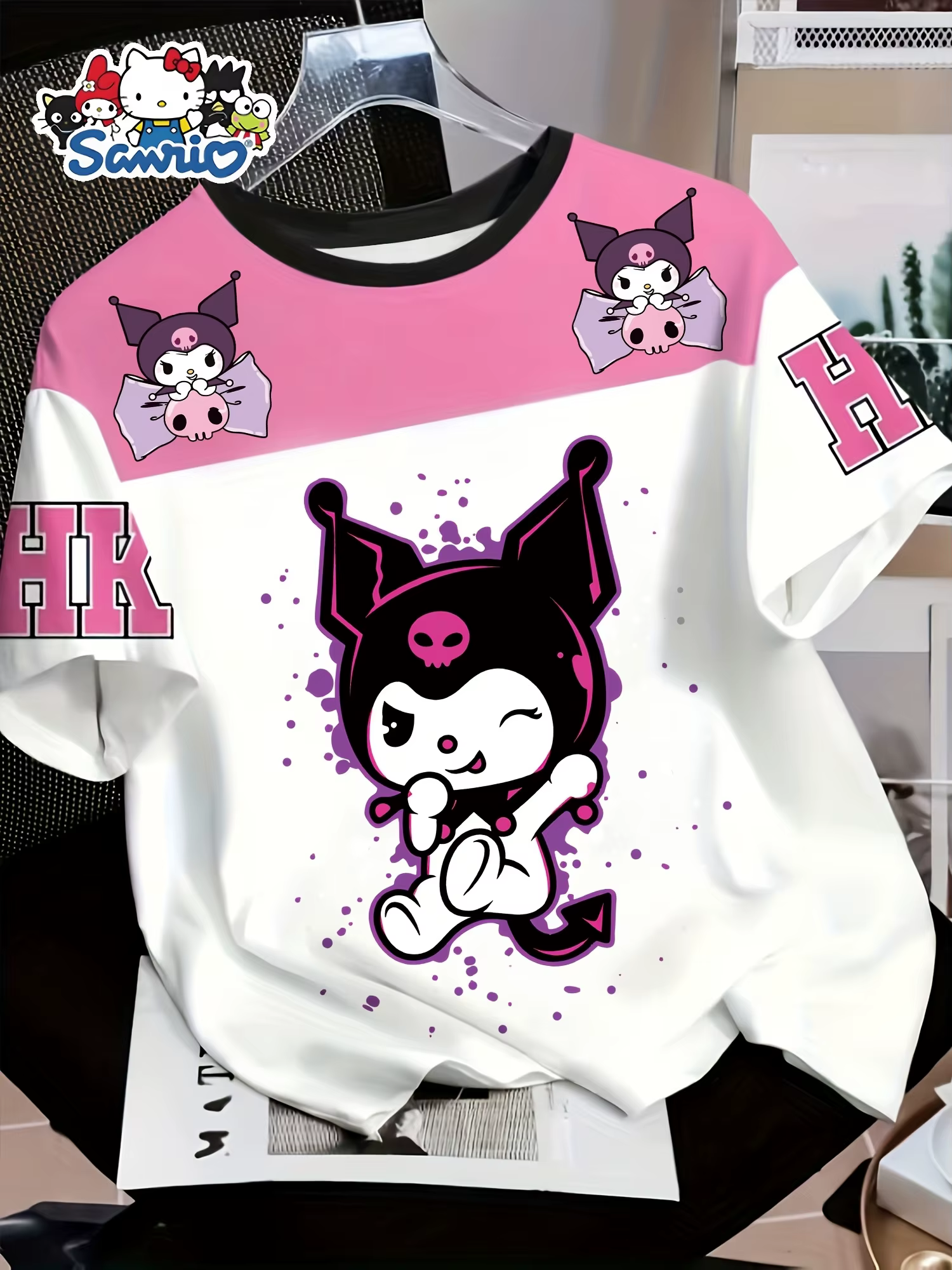 T-shirt sportif à col rond ample, imprimé 3D personnalisé, motif Kuromi super mignon, collection été
