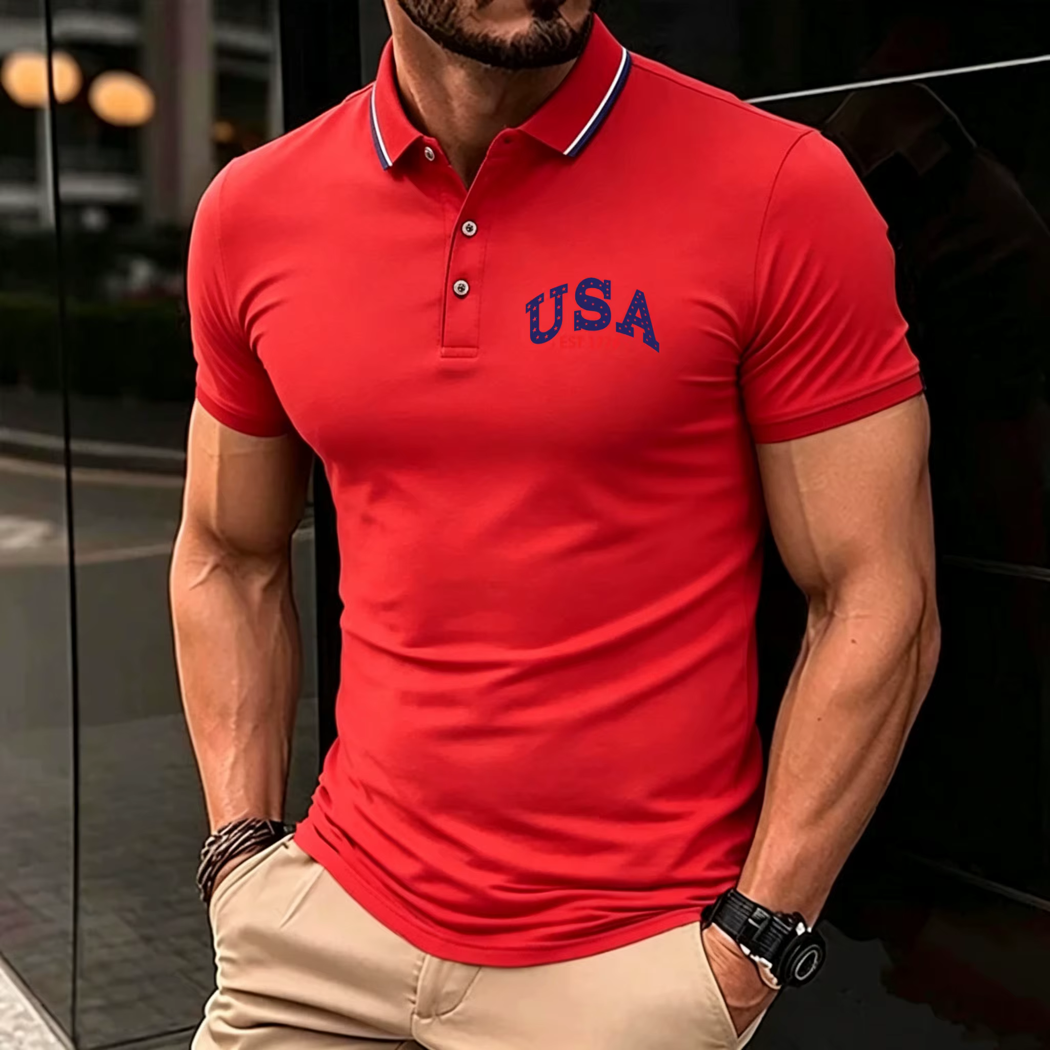 Chemises polo pour hommes, respirantes, imprimées USA, col rayé, manches courtes, coupe slim, tendan