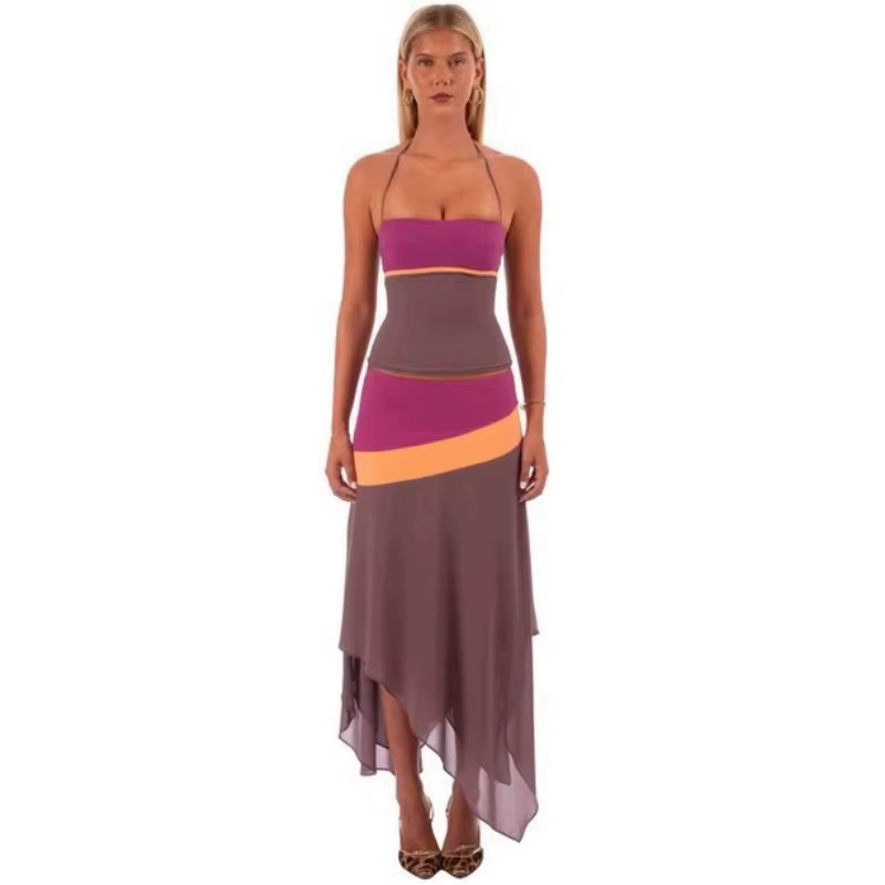 Ensemble deux pièces style bohème : Haut camisole patchwork color-block unique et jupe moulante asym