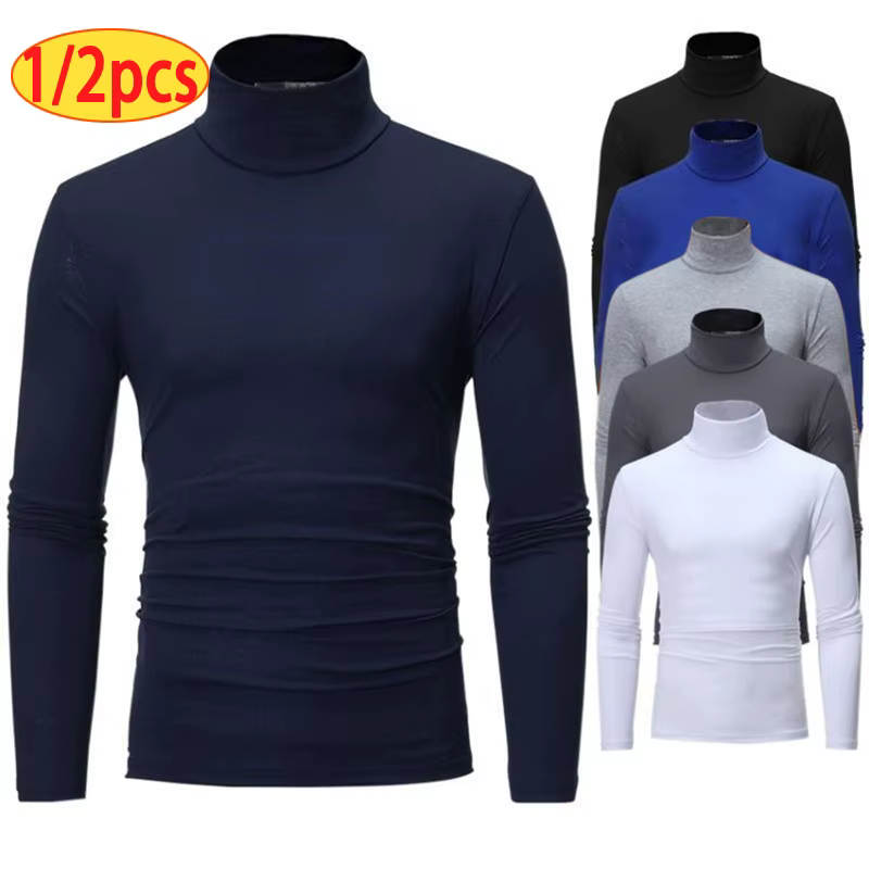 1/2 pièces automne hiver hommes col haut T-shirt coupe ajustée mode haute élastique à manches longue