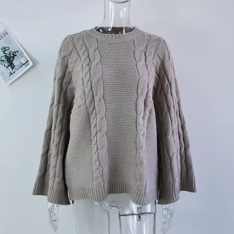Pull à manches cloche pour femmes, col rond, haut en tricot surdimensionné, chemisier élégant de pri