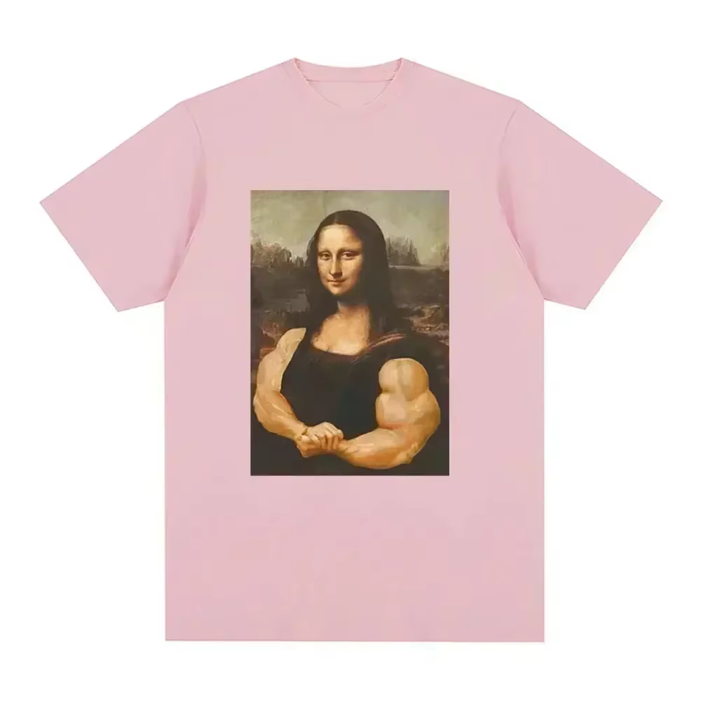 Drôle Mona Lisa Fitness T-shirt Muscles Gym Décontracté Graphique Manches Courtes T-shirts Unisexe M