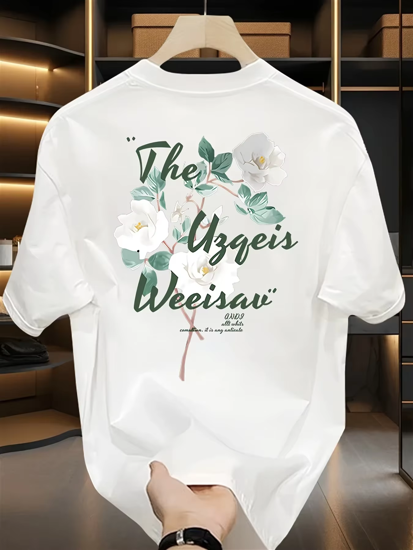 T-shirt pour homme 100% coton, imprimé camélia simple délavé. Coupe ample, doux et confortable pour
