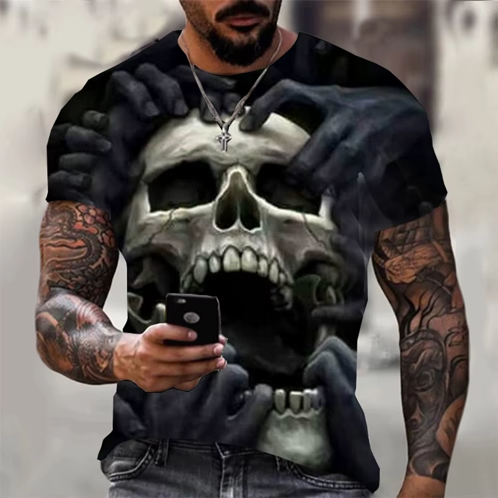 T-shirt d'été à manches courtes pour hommes, imprimé tête de mort en 3D, personnalisé, cool, punk ro