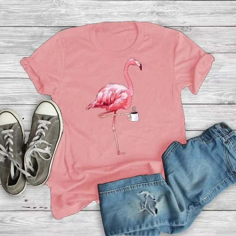 Flamingo café imprimé t-shirt femmes à manches courtes col rond t-shirt ample été femmes t-shirt hau