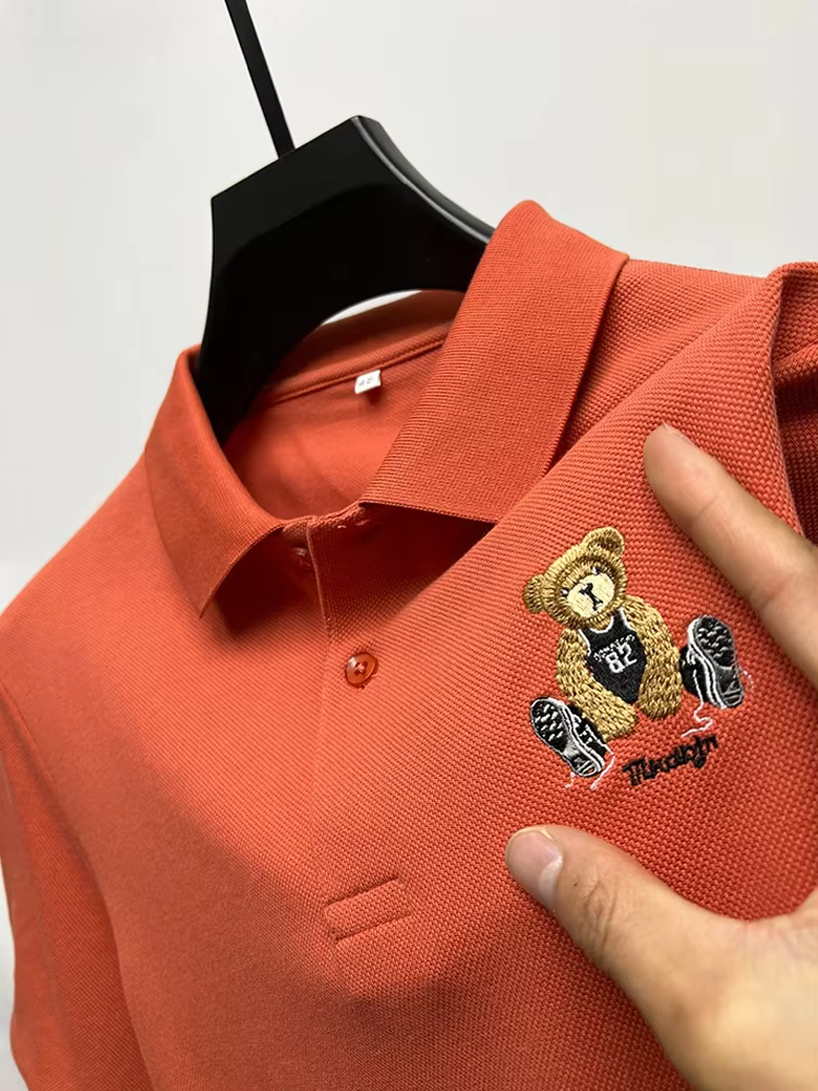 Polo brodé ours à revers pour hommes, T-shirt à manches courtes, observateur, Luxe, 100 coton, Tenda