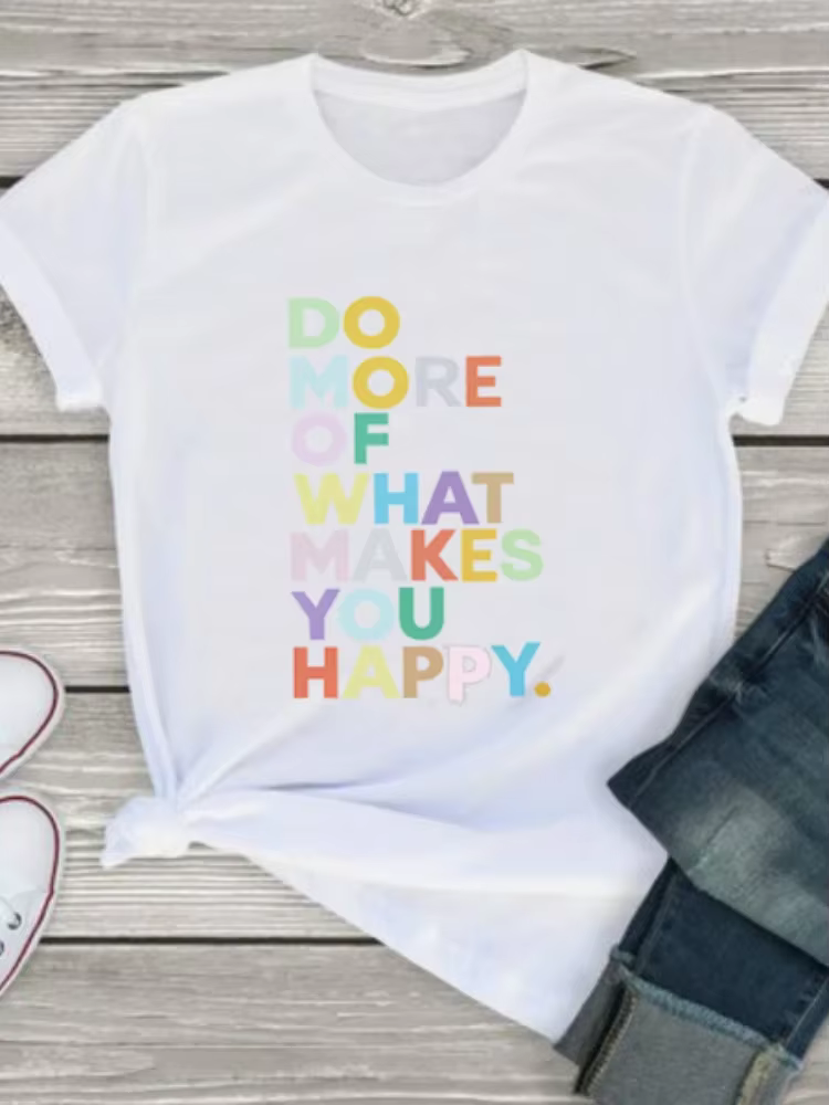 T-shirt manches courtes col rond pour femmes, estival et estival, Do More Make You Happy Letter Prin