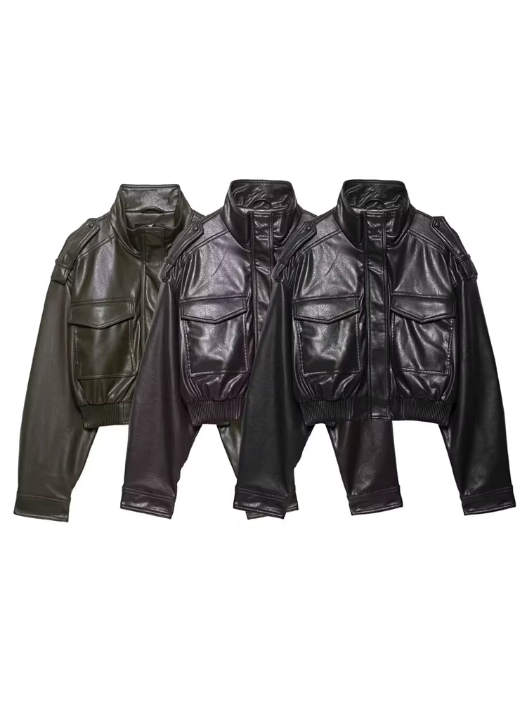 HH femmes Faux cuir recadrée veste vintage Bomber vestes avec poches à manches longues manteaux ferm