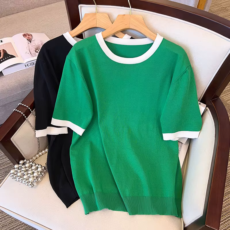 T-shirt manches courtes femme, estival et de grande taille, noir et vert, 170 noix, buste, adt Ice,