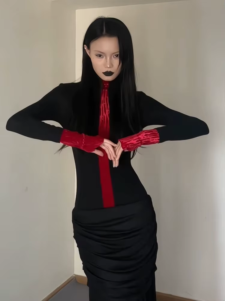 Yedinas Patchwork col roulé T-shirt femme vêtements à manches longues noir gothique haut d'automne 2