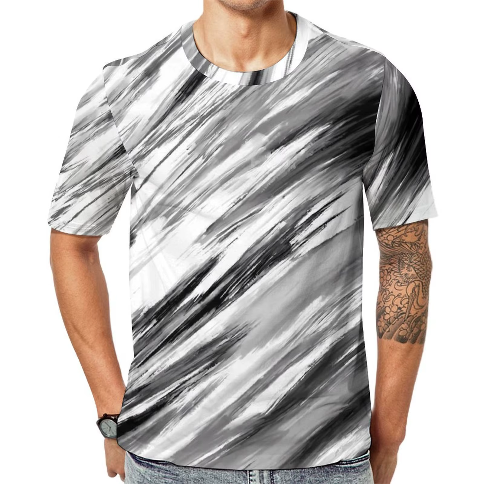 T-shirt noir à manches courtes et col rond pour homme, imprimé liquide, personnalisé, original, clas