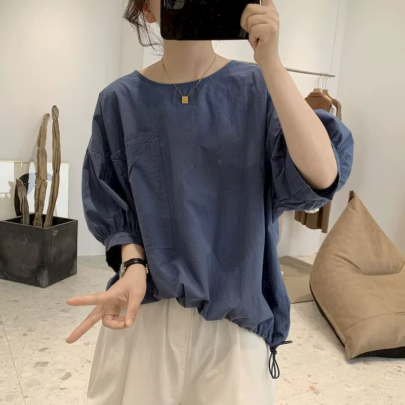 T-shirt manches mi-longues pour femmes, 100% coton, grande poche, Design de Niche, décontracté, ampl