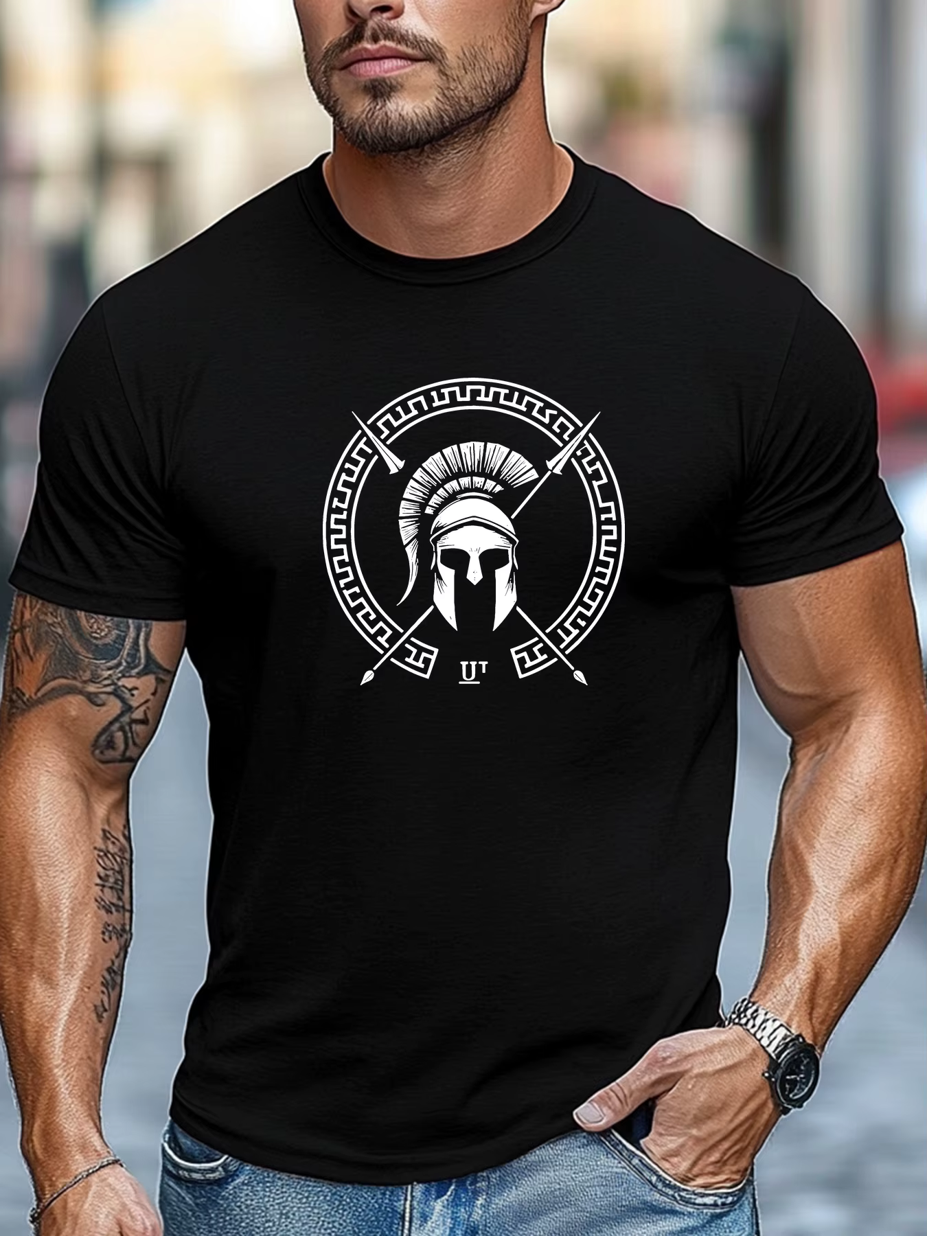 T-shirt d'été 100% pur coton pour hommes, décontracté, ample, motif casque Spartan imprimé, respiran