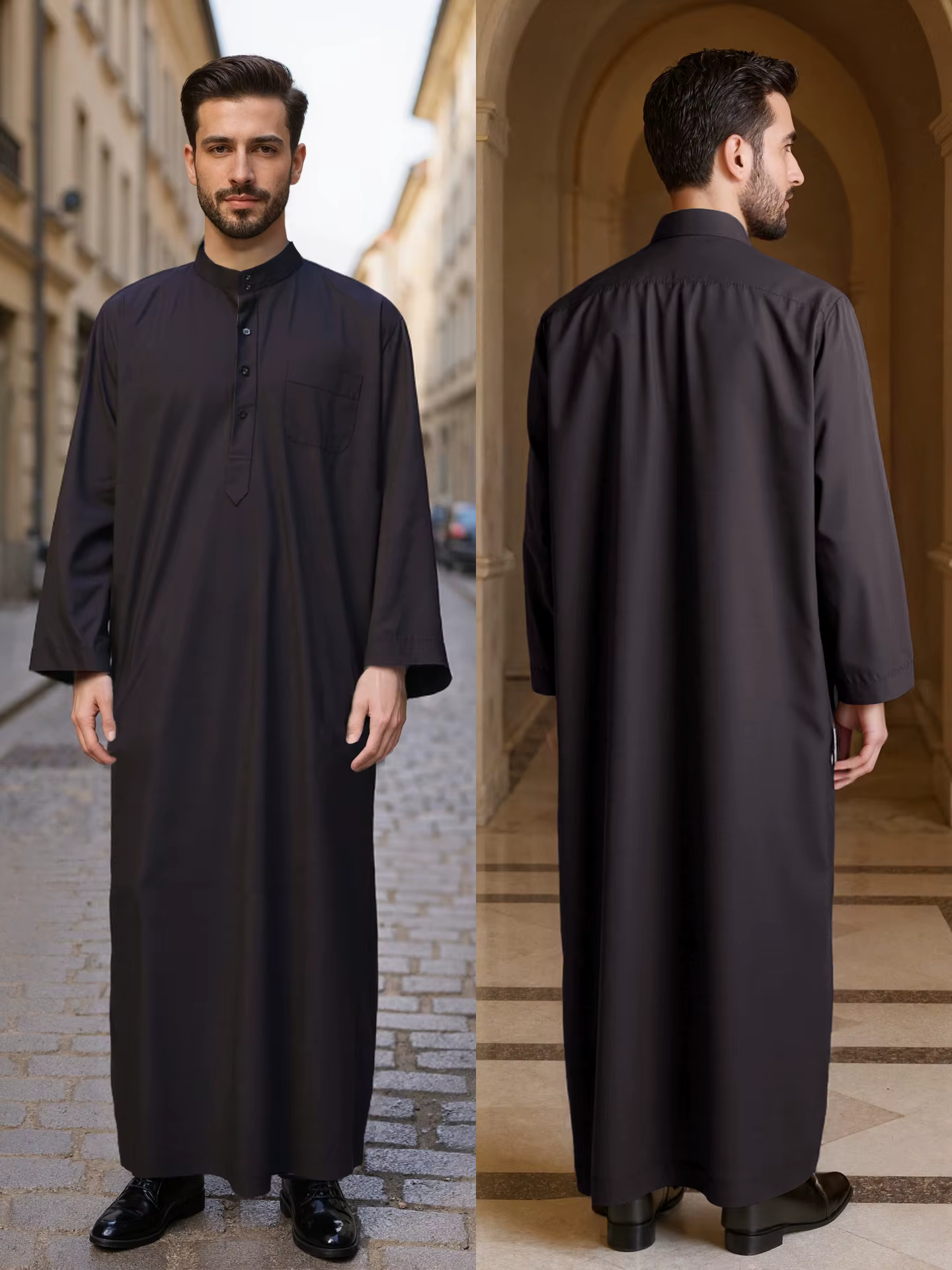 Robe longue pour homme en polyester, style Qatar, col montant, avec poches, vêtements pour hommes ar